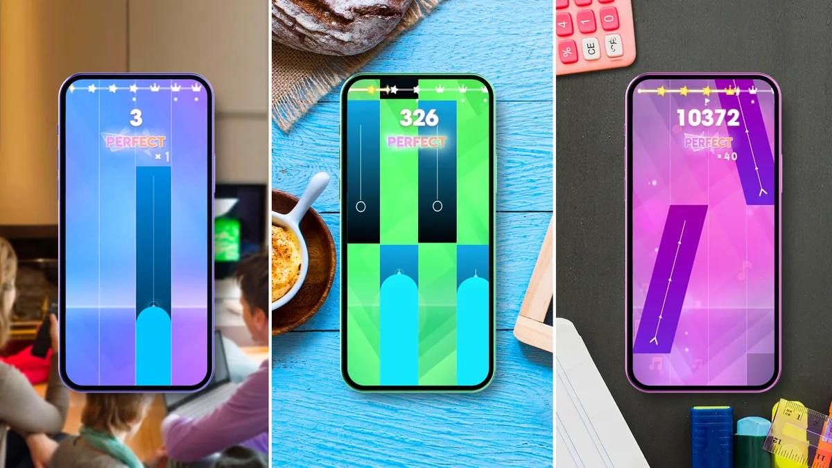 Três partidas de Magic Tiles 3 em telemóveis diferentes, com as teclas a descer pelas colunas