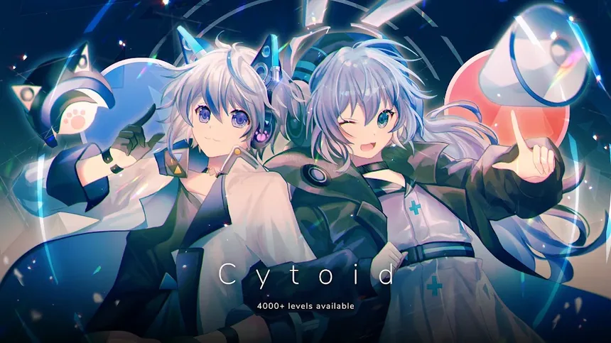 Ecrã inicial do Cytoid com as duas personagens do jogo e a indicação de níveis criados pela comunidade
