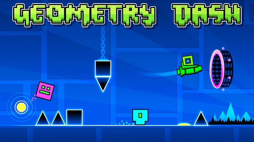 Nível do Geometry Dash Lite com o cubo a saltar entre picos e um portal sobre fundo azul