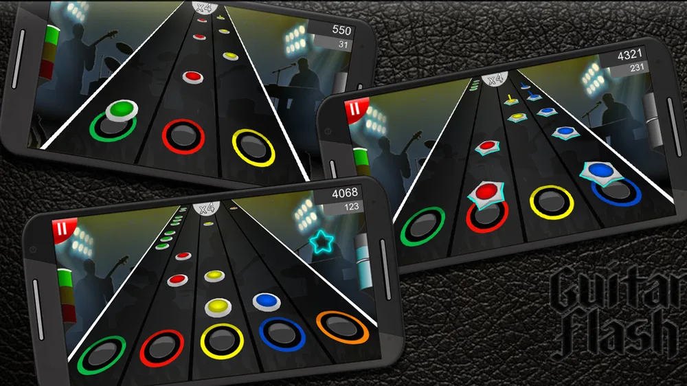 Três ecrãs do Guitar Flash lado a lado, com o mesmo tema em níveis de dificuldade diferentes