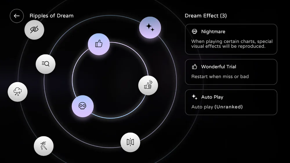 Ecrã de modificadores do Milthm, com o anel Ripples of Dream e a lista de efeitos de sonho