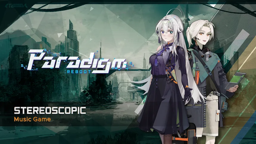 Ecrã de apresentação de Paradigm: Reboot com as duas personagens e a indicação de jogo musical estereoscópico