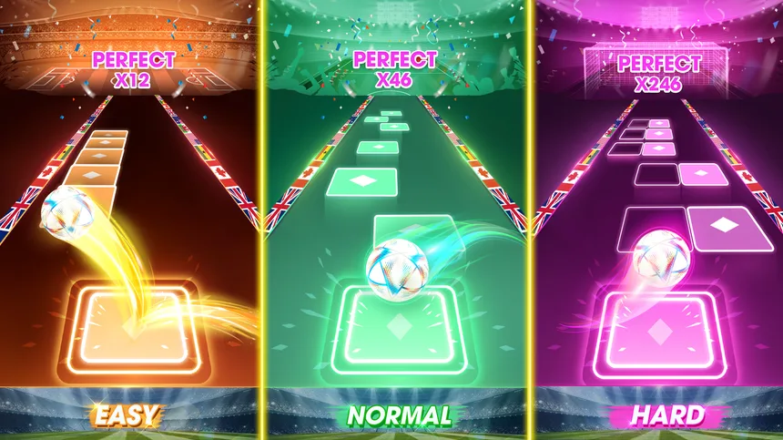 Três partidas de Tiles Hop com a bola a saltar pelas plataformas nos níveis fácil, normal e difícil